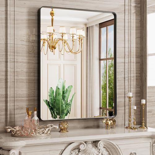 JISOSO Schwarzer Badezimmerspiegel, 61 x 91 cm, schwarzer Metallrahmen, Spiegel für die Wand, Abgerundeter rechteckiger, Matter Badezimmer-Schminkspiegel mit gehärtetem Glas, rostfrei, horizontal JISOSO Schwarzer Badezimmerspiegel, 61 x 91 cm, schwarzer Metallrahmen, Spiegel für die Wand, Abgerundeter rechteckiger, Matter Badezimmer-Schminkspiegel mit gehärtetem Glas, rostfrei, horizontal von JISOSO