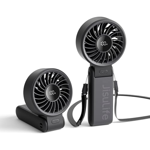 JISULIFE Handventilator Life7, Leistungsstarker tragbarer Ventilator mit LED Anzeige, 19.5 Stunden maximale, 5000 mAh, 3-IN-1 Hand/Schreibtisch/Halsventilator, Mini Ventilator für Reisen(Schwarz) von JISULIFE