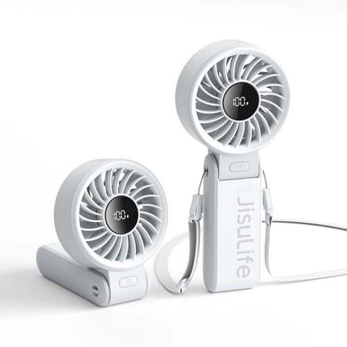 JISULIFE Handventilator Life7, Leistungsstarker tragbarer Ventilator mit LED Anzeige, 19.5 Stunden maximale, 5000 mAh, 3-IN-1 Hand/Schreibtisch/Halsventilator, Mini Ventilator für Reisen(Grau) von JISULIFE