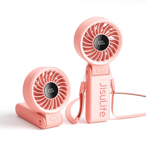 JISULIFE Handventilator Life7, Leistungsstarker tragbarer Ventilator mit LED Anzeige, 19.5 Stunden maximale, 5000 mAh, 3-IN-1 Hand/Schreibtisch/Halsventilator, Mini Ventilator für Reisen (Rosa) von JISULIFE