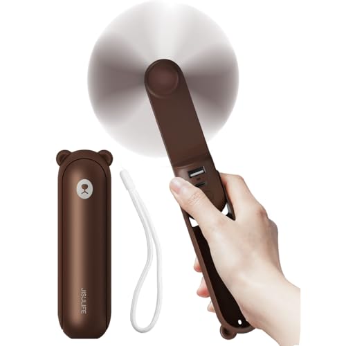 JISULIFE Handventilator Mini Ventilator 3 IN 1, USB Akku Klein Ventilator, Tragbarer Ventilator Batteriebetrieben [14-21 Betriebsstunden] mit Powerbank, Taschenlampen Funktion für Frauen Kinder-Braun von JISULIFE
