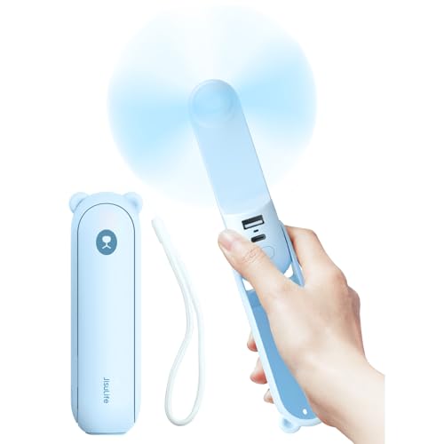 JISULIFE Handventilator Mini Ventilator 3 IN 1, mit 4500 mAh Powerbank USB Akku Klein, Batteriebetrieben Max 37Hrs Runtime Tragbarer Ventilator, Taschenlampen Funktion-Blau von JISULIFE
