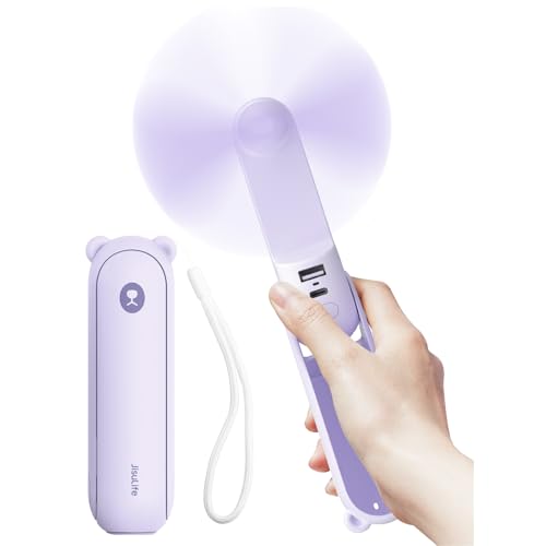JISULIFE Handventilator Mini Ventilator 3 IN 1, mit 4500 mAh Powerbank USB Akku Klein, Batteriebetrieben Max 37Hrs Runtime Tragbarer Ventilator, Taschenlampen Funktion-Lila von JISULIFE