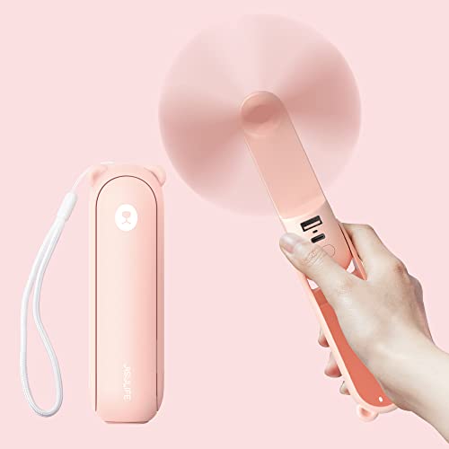 JISULIFE Handventilator Mini Ventilator 3 IN 1, mit 4500 mAh Powerbank USB Akku Klein, Batteriebetrieben Max 37Hrs Runtime Tragbarer Ventilator, Taschenlampen Funktion-Rosa von JISULIFE