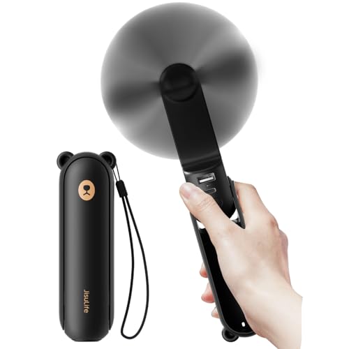 JISULIFE Handventilator Mini Ventilator 3 IN 1, mit 4500 mAh Powerbank USB Akku Klein, Batteriebetrieben Max 37 Hrs Runtime Tragbarer Ventilator, Taschenlampen Funktion-Schwarz von JISULIFE