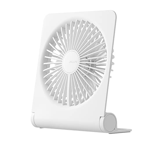 JISULIFE Kleiner Tischventilator, Mini Tragbarer Wiederaufladbarer USB Kleiner Ventilator, 160° Klappbarer mit 4500mAh, Extrem Leise, 4 Geschwindigkeiten Desk Fan für Büro, Zuhause, Camping-Weiß von JISULIFE