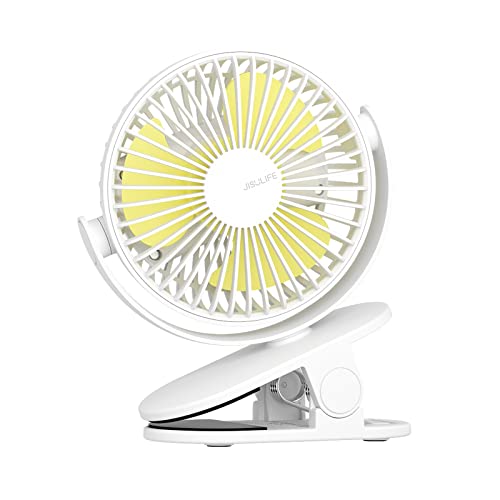 JISULIFE Mini USB Ventilator, Clip Akku Tischventilator Sehr Leise Klein mit 4000mAh Batterie, 4 Geschwindigkeitsstufen, Max 14 Stunden für Bett, Schreibtisch, Krippe, Kinderwagen, Autositz - Weiß von JISULIFE