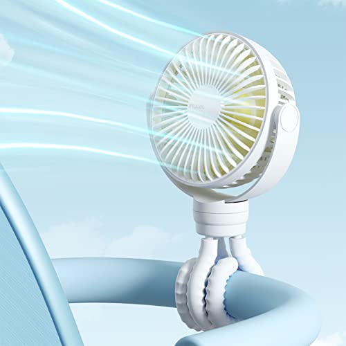 JISULIFE Mini Ventilator Stativ-Clip, 4000mAh Tragbarer USB-aufladbarer Ventilator Akku mit 4 Geschwindigkeiten, Flexibles Stativ, Ultraleise für Handheld/Tisch/Autositz - Sternenlicht Weiß von JISULIFE