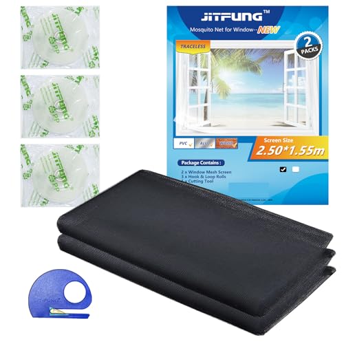 JIT-FUNG Fliegengitter Fenster, Zuschneidbares Moskitonetz, Insektenschutz mit Starkem Klettband [SPURLOS] & Zuschneider, Fliegen Netz ohne Bohren – Schwarz, 250 x 155 cm (Bienenwabe, 2er-Set) von JIT-FUNG