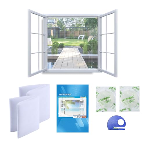 JIT-FUNG Fliegengitter Fenster, Zuschneidbares Moskitonetz, Insektenschutz mit Starkem Klettband [SPURLOS] & Zuschneider, Fliegen Netz ohne Bohren – Weiß, 130 x 155 cm (Quadrat, 2er-Set) von JIT-FUNG