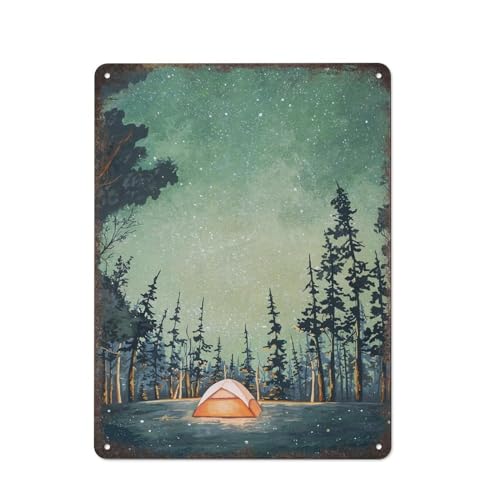 Camping bei Nacht, Malerei, Kunst, gelb leuchtendes Zelt, Sternenhimmel, Feuer, Fliege, Wildnis im Freien, Metallschild, Plakette, Poster, Vintage-Kultur, Wanddekoration, Aluminium, Restaurant, Wohn von JIUFOTK