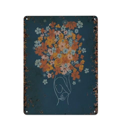 Florale Frauenkunst, marineblaue und orangefarbene Blumen, Boho-Blumenkunst, interessante Wandkunstdekoration für zu Hause, Personalisierungsidee, Vintage-Metalldose, Schlafzimmerdekoration, stilvol von JIUFOTK