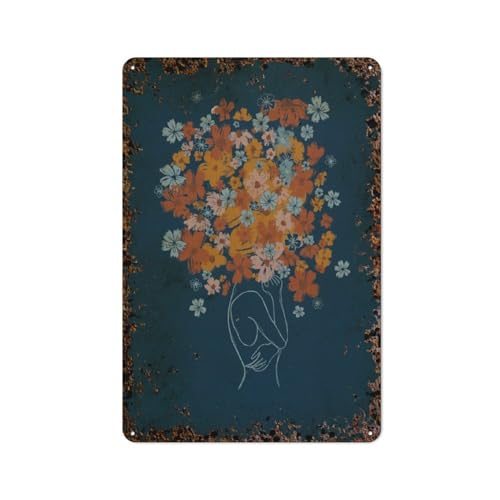 Florale Frauenkunst, marineblaue und orangefarbene Blumen, Boho-Blumenkunst, interessante Wandkunstdekoration für zu Hause, Personalisierungsidee, Vintage-Metalldose, Schlafzimmerdekoration, stilvol von JIUFOTK