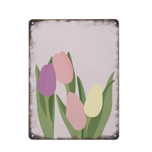 Lila Tulpen Blumen Wandkunst Design Kreative Neuheit Einzigartige Lustige Dose Wasserdicht Metall Blechschild Plakette Poster Vintage Kultur Wanddekor Aluminium Garten Restaurant Wohnzimmer Schlafzi von JIUFOTK