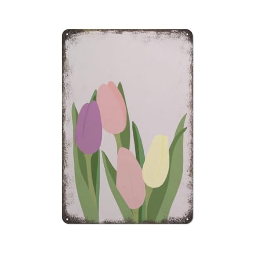 Lila Tulpen Blumen Wandkunst Design Kreative Neuheit Einzigartige Lustige Dose Wasserdicht Metall Blechschild Plakette Poster Vintage Kultur Wanddekor Aluminium Garten Restaurant Wohnzimmer Schlafzi von JIUFOTK