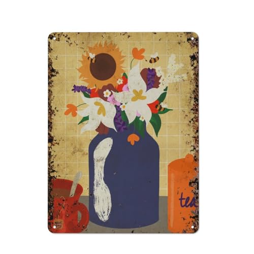 Tee am Sonntag, Blumen, Tee, interessante Wandkunstdekoration für zu Hause, Personalisierungsidee, Vintage-Metalldose, Schlafzimmerdekoration, stilvolles und einfaches Büro, Wanddekoration für das K von JIUFOTK