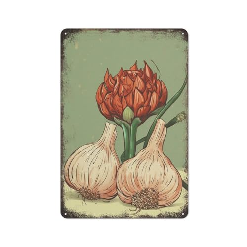 Wandkunst mit Knoblauch und Artischocke, Küchendekor, Esstisch, Metallblechschild, Plakat, Vintage-Kultur, Wanddekoration, Aluminium, Garten, Restaurant, Wohnzimmer, Schlafzimmer, 20,3 x 14 cm von JIUFOTK