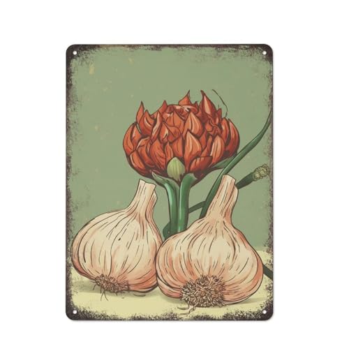 Wandkunst mit Knoblauch und Artischocke, Küchendekor, Esstisch, Metallblechschild, Plakat, Vintage-Kultur, Wanddekoration, Aluminium, Garten, Restaurant, Wohnzimmer, Schlafzimmer, 40,6 x 30,5 cm von JIUFOTK