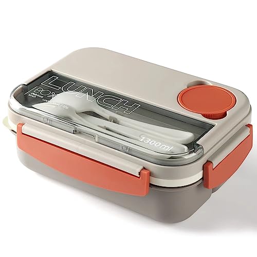 JIUFOXINO Lunchbox, 1300 ml, Bento-Lunchbox für Erwachsene und Kinder, 4-in-1 Mahlzeiten-Vorbereitungsbehälter mit Gabel und Löffel, mikrowellen- und spülmaschinenfest. (Beige) von JIUFOXINO