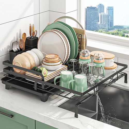 JIUGGLAD Abtropfgestell Geschirr, Ausziehbarer Geschirrabtropfgestell, Multifunktionaler Geschirr abtropfständer mit schwenkbarem Auslaufstutzen, Dish Drying Rack mit Einer Abtropfschale von JIUGGLAD
