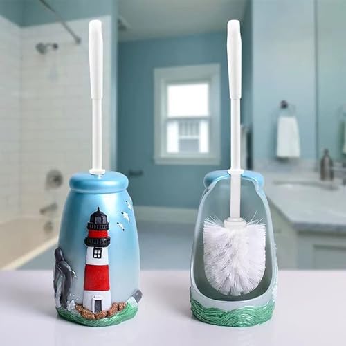 JIUJ Kompakte WC-Bürste Badezimmer Neuheit WC-Bürstenhalter Cartoon Leuchtturm Harz WC Schrubber Set, Blau von JIUJ