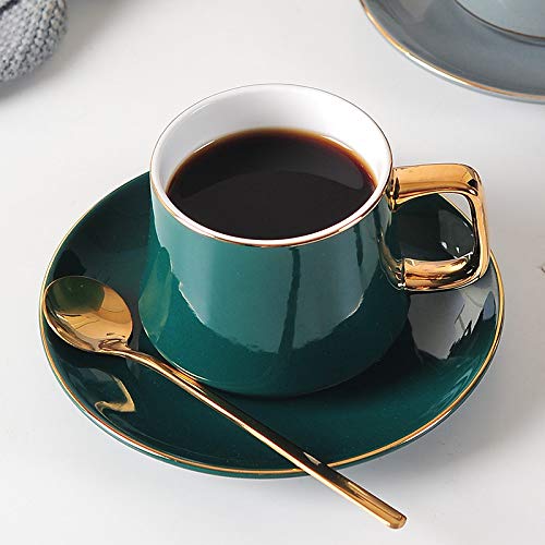 JIUJ Tassen Tassen mit Unterteller Basic für Tee Kaffee Cappuccino für 1 Personen Europäisches Keramik Gold Continental Cup Set Grün 250ml von JIUJ