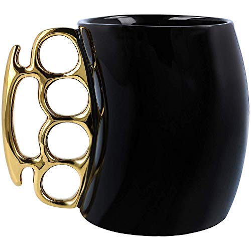 Knuckle Duster Keramiktasse, lustige & Freunde-Tasse – Weiß & Schwarz (schwarze Tasse mit goldfarbenem Griff) von JIUJ