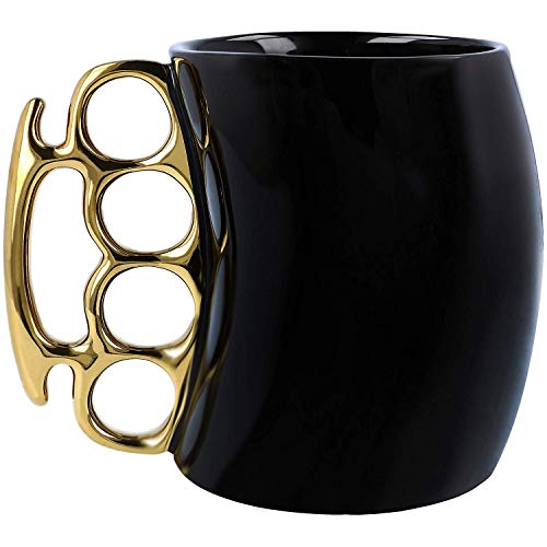 Knuckle Duster Tasse, Kaffeetasse, Teekanne, Keramik-Tasse, lustige Tasse, Freunde, schwarze Tasse mit goldfarbenem Griff von JIUJ