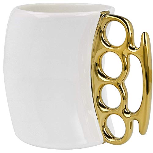 Knuckle Duster Tasse, Kaffeetasse, Teekanne, Keramiktasse, lustige Tasse, Freunde, weiße Tasse mit goldfarbenem Griff von JIUJ