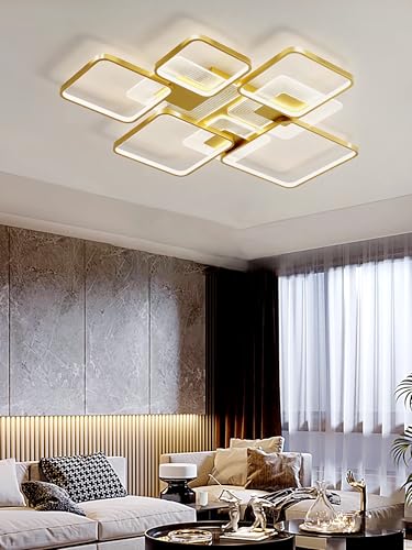 JIUJIUCC LED Moderne Deckenleuchte Acryl Deckenleuchte Schwarze Beleuchtung Decke Dimmbare Deckenbeleuchtung Mit Fernbedienung Quadratische Deckenleuchte Für Wohnzimmer Schlafzimmer (Gold,5 Köpfe) von JIUJIUCC