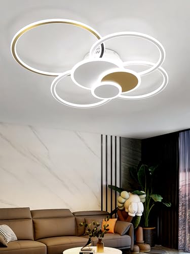 LED-Deckenleuchte Dimmbare runde Deckenbeleuchtung mit Fernbedienung Innen Dekorative Beleuchtung Leuchte Acryl Moderne Deckenleuchte für Schlafzimmer Wohnzimmer Büro (Weiß + Gold,100 Zentimeter) von JIUJIUCC