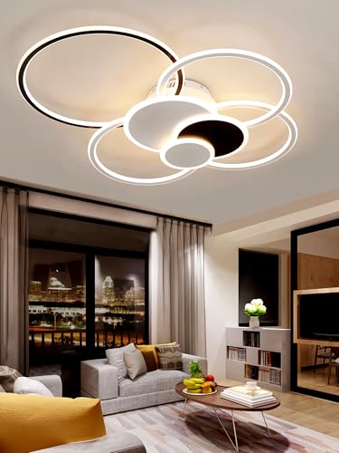 LED-Deckenleuchte Dimmbare runde Deckenbeleuchtung mit Fernbedienung Innen Dekorative Beleuchtung Leuchte Acryl Moderne Deckenleuchte für Schlafzimmer Wohnzimmer Büro (Weiß + Schwarz,100 Zentimeter) von JIUJIUCC