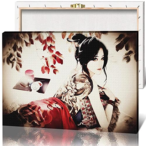 Japanische Geisha Poster Wandbild Kunstwerk Leinwand Drucke Tätowierte Frau Bild Wand Kunst Gemälde für Wohnzimmer Dekoration, 42 * 60cm, gerahmt von JIUJIUJIU