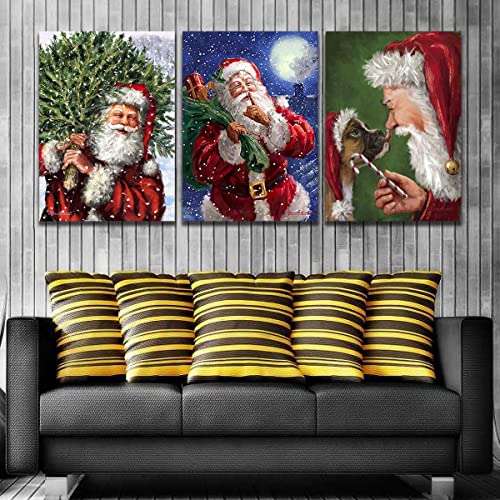 Wandkunst Drucke Geschenk Artwork 3 Stücke Gemälde Weihnachtsmann und Hund Moderne Bilder Druck auf Leinwand für Home Decorations von JIUJIUJIU