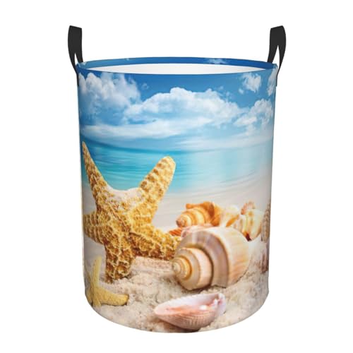 Beach Seestern Muscheln Druck Runder Aufbewahrungskorb - Leicht zu tragende Griffe, perfekt für Weihnachten, passt in jeden Raum von JIUTY
