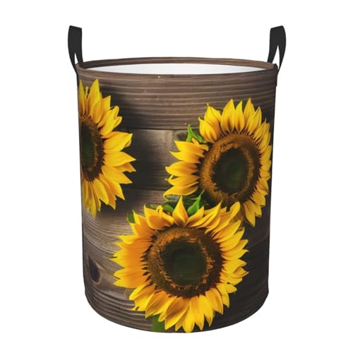 Drei Sonnenblumen auf Holzdruck, runder Aufbewahrungskorb – leicht zu tragende Griffe, perfekt für Weihnachten, passt in jeden Raum Drei Sonnenblumen auf Holzdruck, runder Aufbewahrungskorb – leicht zu tragende Griffe, perfekt für Weihnachten, passt in jeden Raum von JIUTY