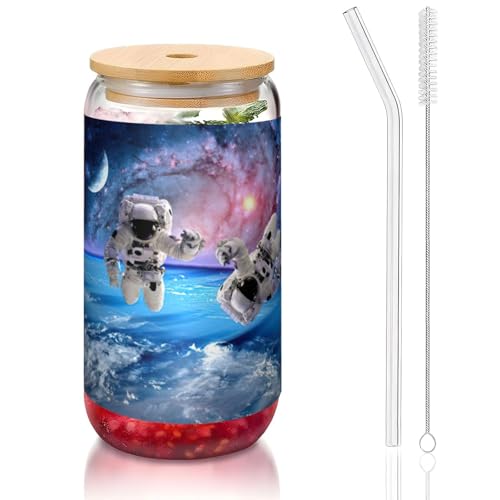 JIUTY Astronauta Trinkgläser mit Deckel und Glasstrohhalm, 473 ml Glasbecher, Bier-/Eiskaffeegläser von JIUTY