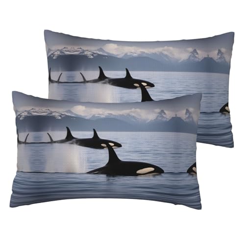 Killer Whales Swim Along Bedruckte Leinen-Kissenbezüge, Standardgröße, 30,5 x 50,8 cm, atmungsaktiver Kissenbezug, 2 Stück von JIUTY