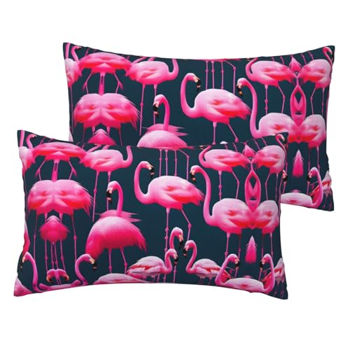 Kissenbezüge aus Leinenimitat, rosa Flamingos, Standardgröße, 30,5 x 50,8 cm, atmungsaktiv, 2 Stück von JIUTY