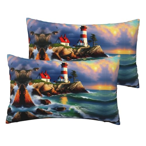 Kissenbezüge aus Leinenimitat mit Leuchtturm-Motiv, 2er-Set, Standardgröße, 30,5 x 50,8 cm, atmungsaktiver Kissenbezug von JIUTY