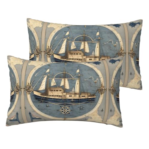 Kissenbezüge mit Segelboot-Karten-Druck, Leinenimitat, Standardgröße, 30,5 x 50,8 cm, atmungsaktiv, 2 Stück von JIUTY
