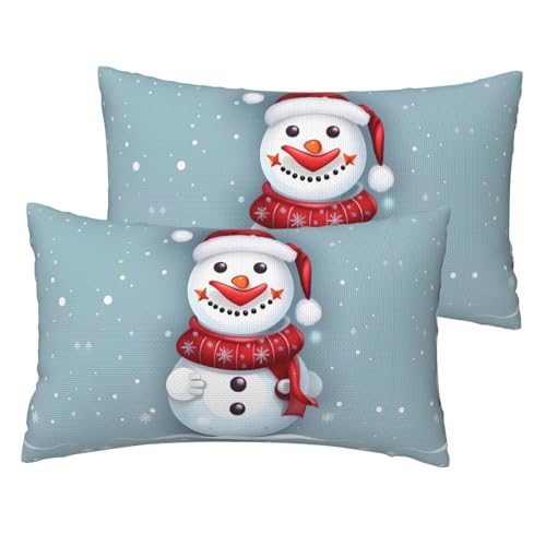 Kissenbezug aus Leinenimitat, Motiv: Frohe Weihnachten, niedlicher Schneemann, 2er-Set, Standardgröße 30,5 x 50,8 cm, atmungsaktiver Kissenbezug von JIUTY