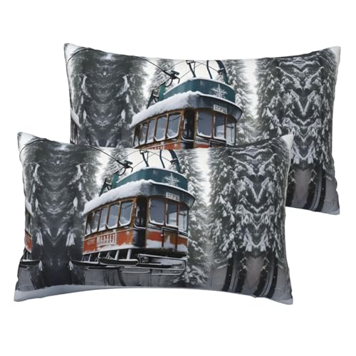 Kissenbezug aus Leinenimitat, Motiv: Winter-Skilift, Standardgröße, 30,5 x 50,8 cm, atmungsaktiv, 2 Stück von JIUTY