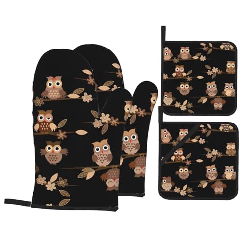 Ofenhandschuhe mit Topflappen, Motiv: niedliche braune Cartoon-Eulen, 4 Stück, hitzebeständig, Ofenhandschuhe, Geschenk für Familie von JIUTY
