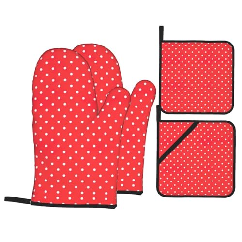 Ofenhandschuhe mit Topflappen, Rot und Weiß, gepunktet, hitzebeständig, Geschenk für die Familie, 4 Stück von JIUTY