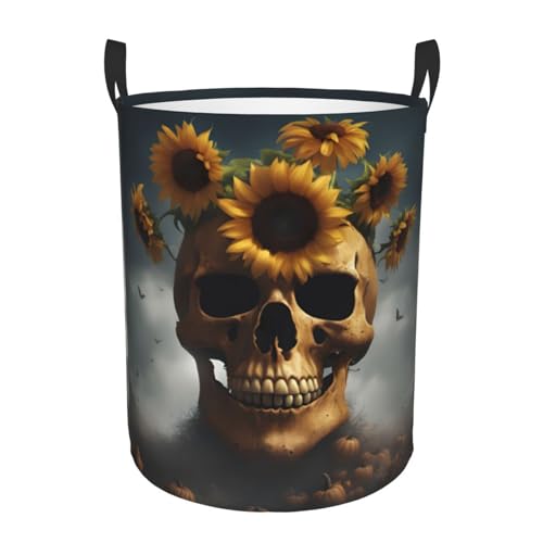 Rundes Aufbewahrungskorb mit Sonnenblumen-Motiv und Totenkopf-Motiv, leicht zu tragende Griffe, perfekt für Weihnachten, passt in jeden Raum von JIUTY