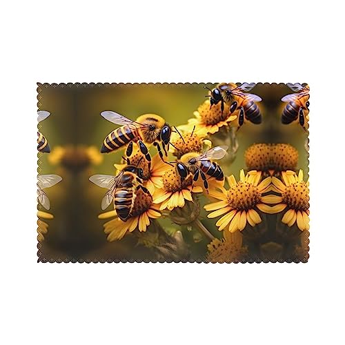 Tischsets mit Bienen-Motiv, hitzebeständig, 6er-Set, abwischbar, leicht zu reinigen von JIUTY
