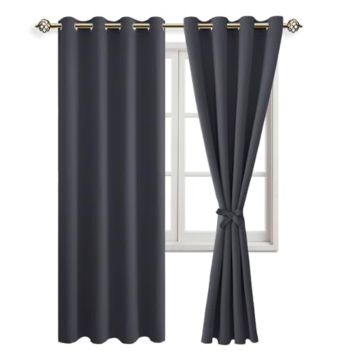 JIUZHEN Vorhang Blickdicht mit Raffhalter Verdunkelungsvorhänge Thermogardine Ösen Gardinen Ösenvorhang für Schlafzimmer Wohnzimmer, Dunkelgrau, 2 Stück, 200x140cm(HxB) von JIUZHEN