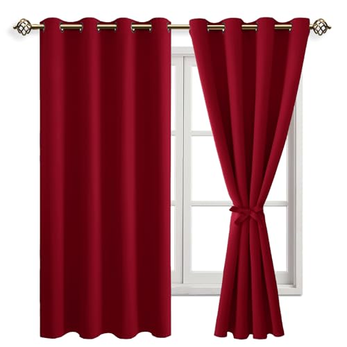 JIUZHEN Gardinen Blickdicht WeihnachtsVorhänge Kurz Rot Vorhänge Kurz Wohnzimmer mit Vorhang-Krawatten Verdunkelungsvorhang Wärmeisolierende Thermovorhang, Rot, 2 Stück, 137x132cm(HxB) von JIUZHEN