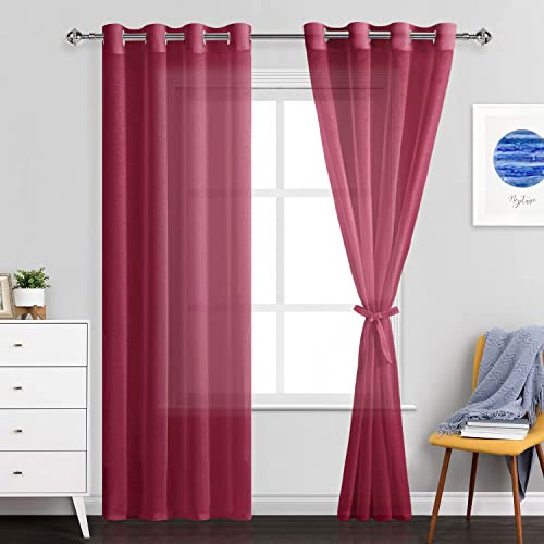 JIUZHEN Durchsichtige Weihnachtsvorhänge, Ösen, halbtransparent, Fenstervorhänge für Schlafzimmer, Wohnzimmer, 132 x 228 cm Länge, 2 Stück mit Raffhaltern, Burgunderrot von JIUZHEN